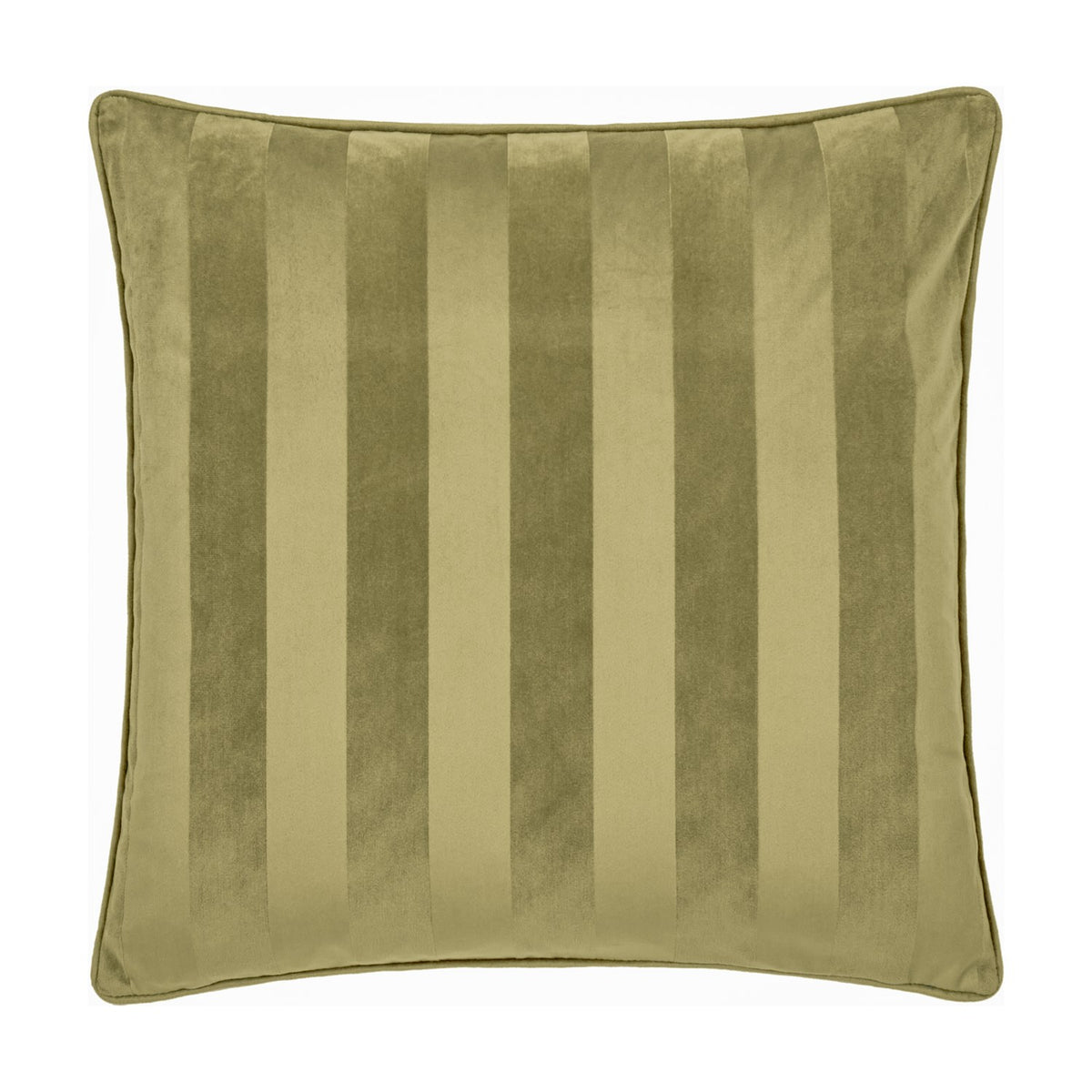 Square Regency Stripe Jacquard Velvet Cushion in olive green with tonal vertical stripes and matching piped edging, shown on a plain white background.