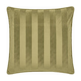 Square Regency Stripe Jacquard Velvet Cushion in olive green with tonal vertical stripes and matching piped edging, shown on a plain white background.
