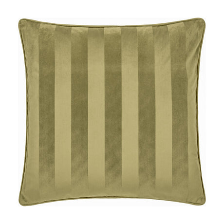 Square Regency Stripe Jacquard Velvet Cushion in olive green with tonal vertical stripes and matching piped edging, shown on a plain white background.