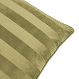 Close-up of the Regency Stripe Jacquard Velvet Cushion in olive green, showing woven vertical stripes with contrasting matt and sheen pile and a piped edge, on a white background.
