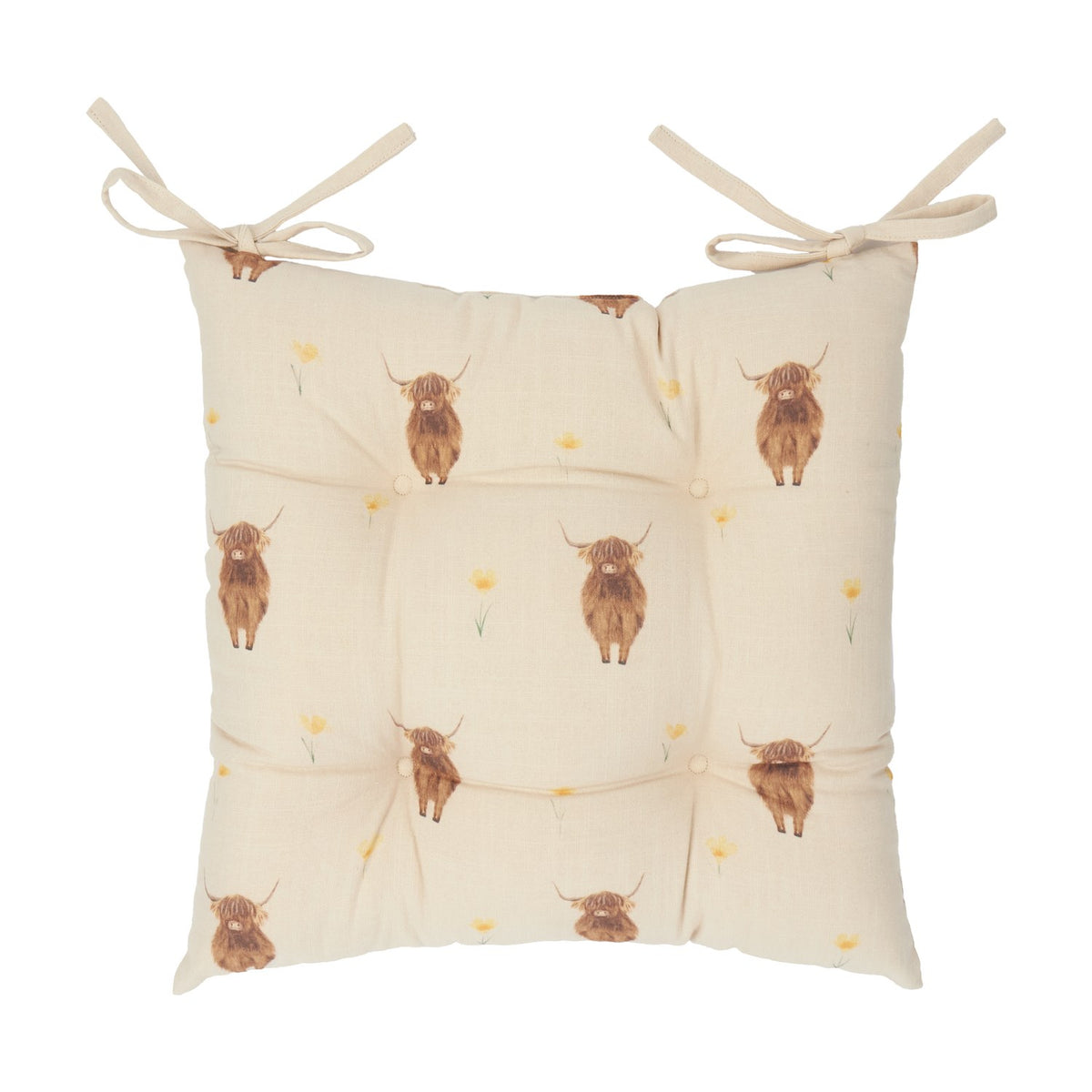 Rhighco Linen Cotton Seat Pad in Natural, a tufted tie-on cushion with highland cow and yellow flower prints on cream slub fabric, shown on a white background.