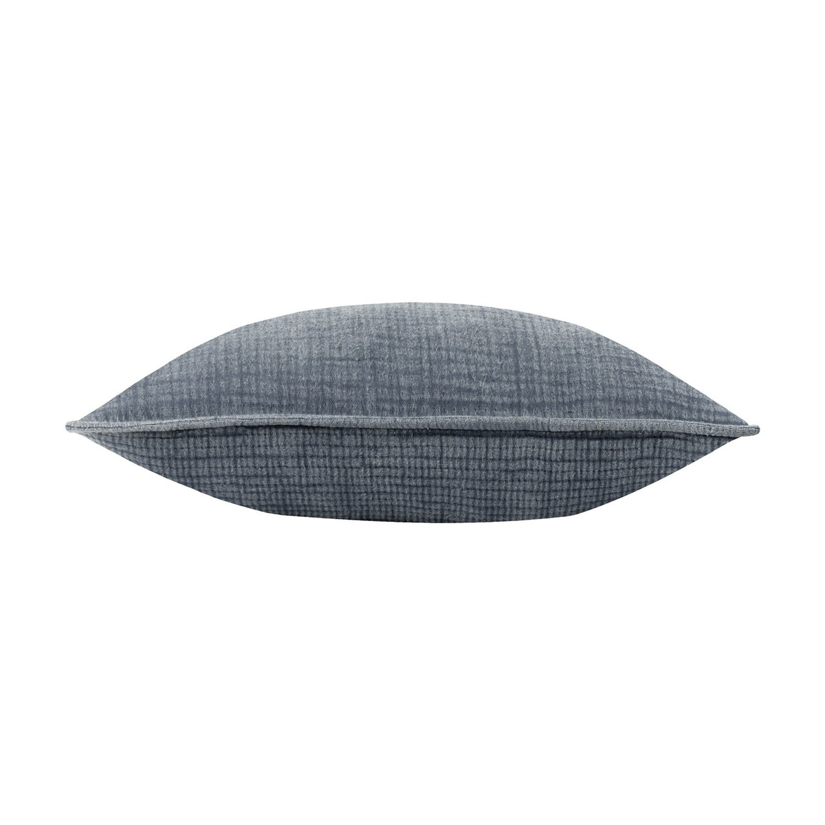 Ribble Reversible Cotton Cushion in ink blue, rectangular bolster shape with subtly ribbed woven texture, shown side-on with piped edge on a plain white background.