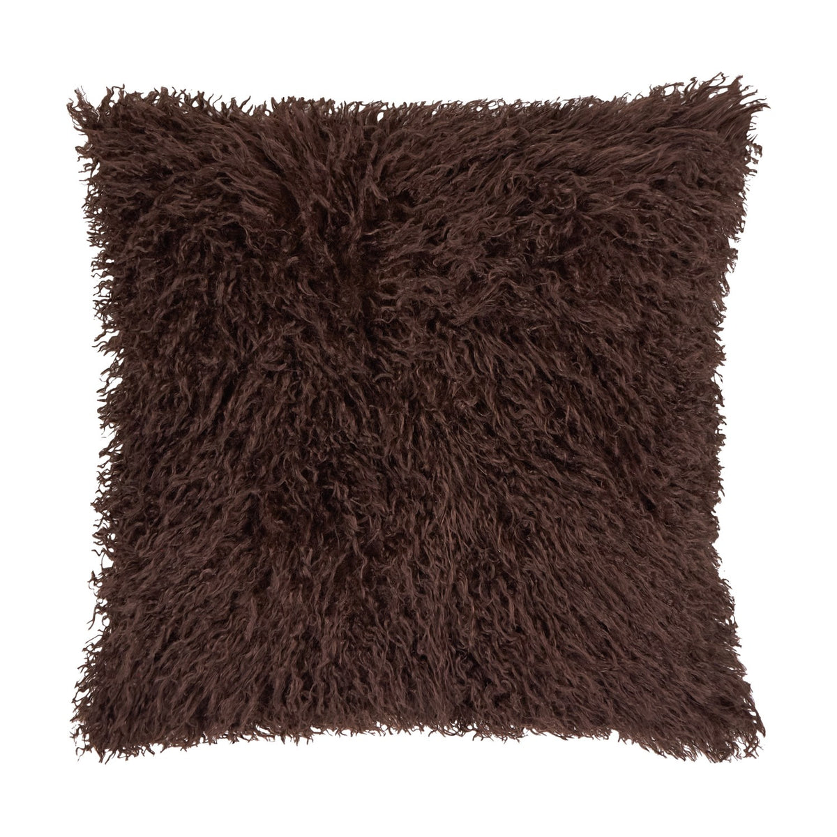 Rowan Velvet Faux Fur Cushion in chocolate brown, square with long shaggy pile front, shown on a plain white background.