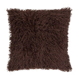 Rowan Velvet Faux Fur Cushion in chocolate brown, square with long shaggy pile front, shown on a plain white background.