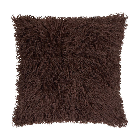 Rowan Velvet Faux Fur Cushion in chocolate brown, square with long shaggy pile front, shown on a plain white background.