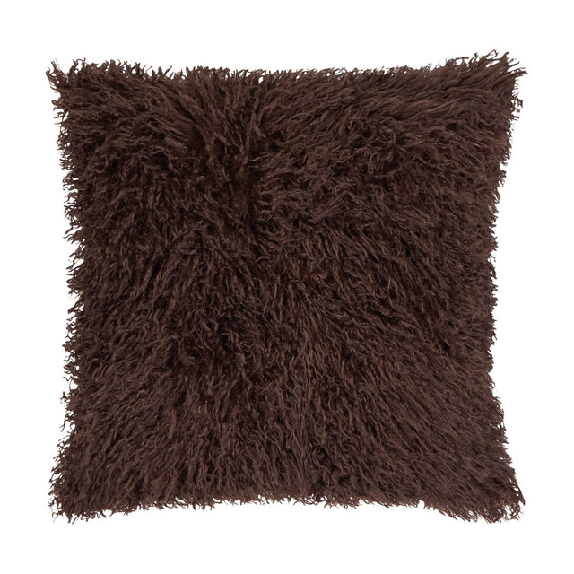 Rowan Velvet Faux Fur Cushion in chocolate brown, square with long shaggy pile front, shown on a plain white background.