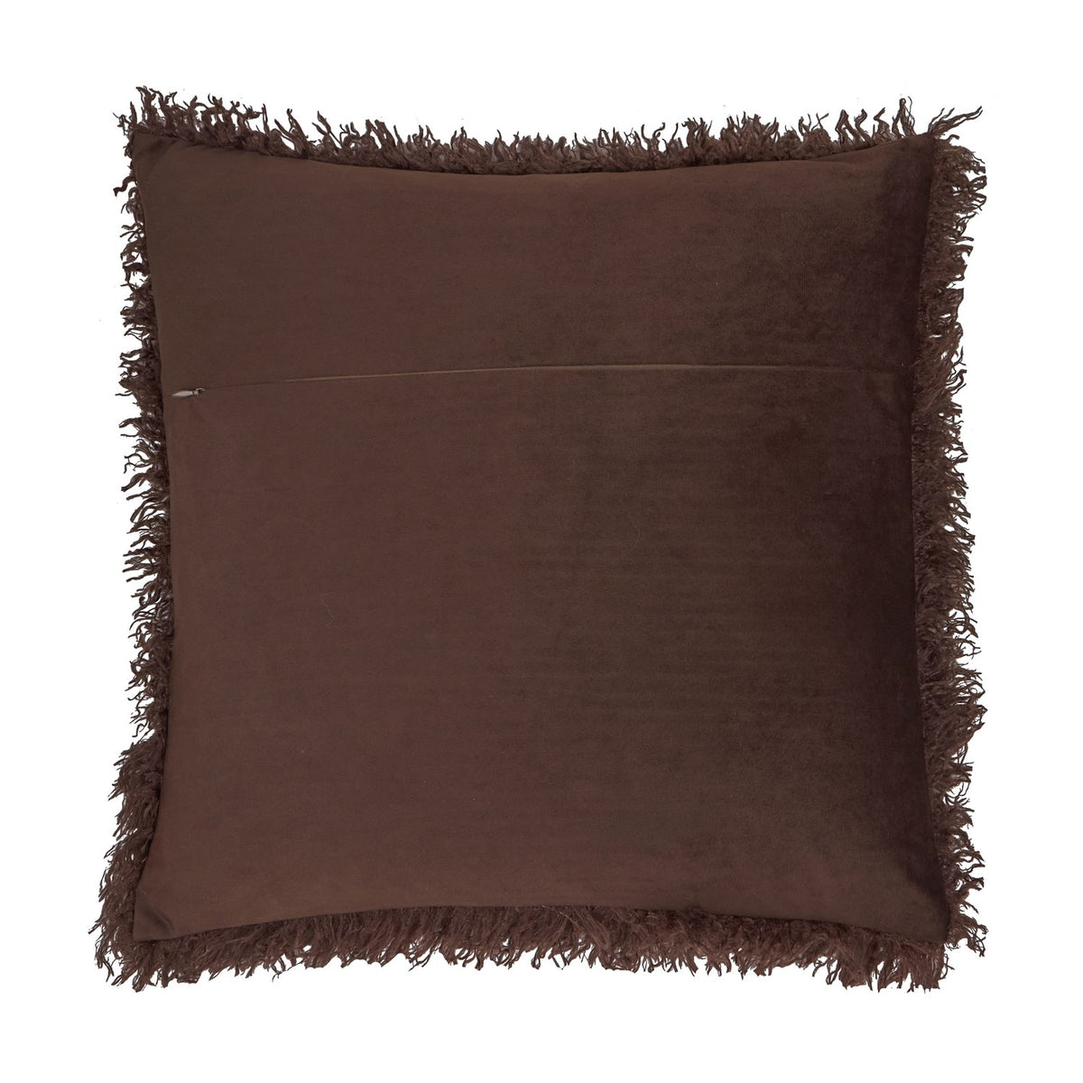 Rowan Velvet Faux Fur Cushion in chocolate brown, reverse side shown with smooth velvet finish and concealed zip closure, on a plain white background.