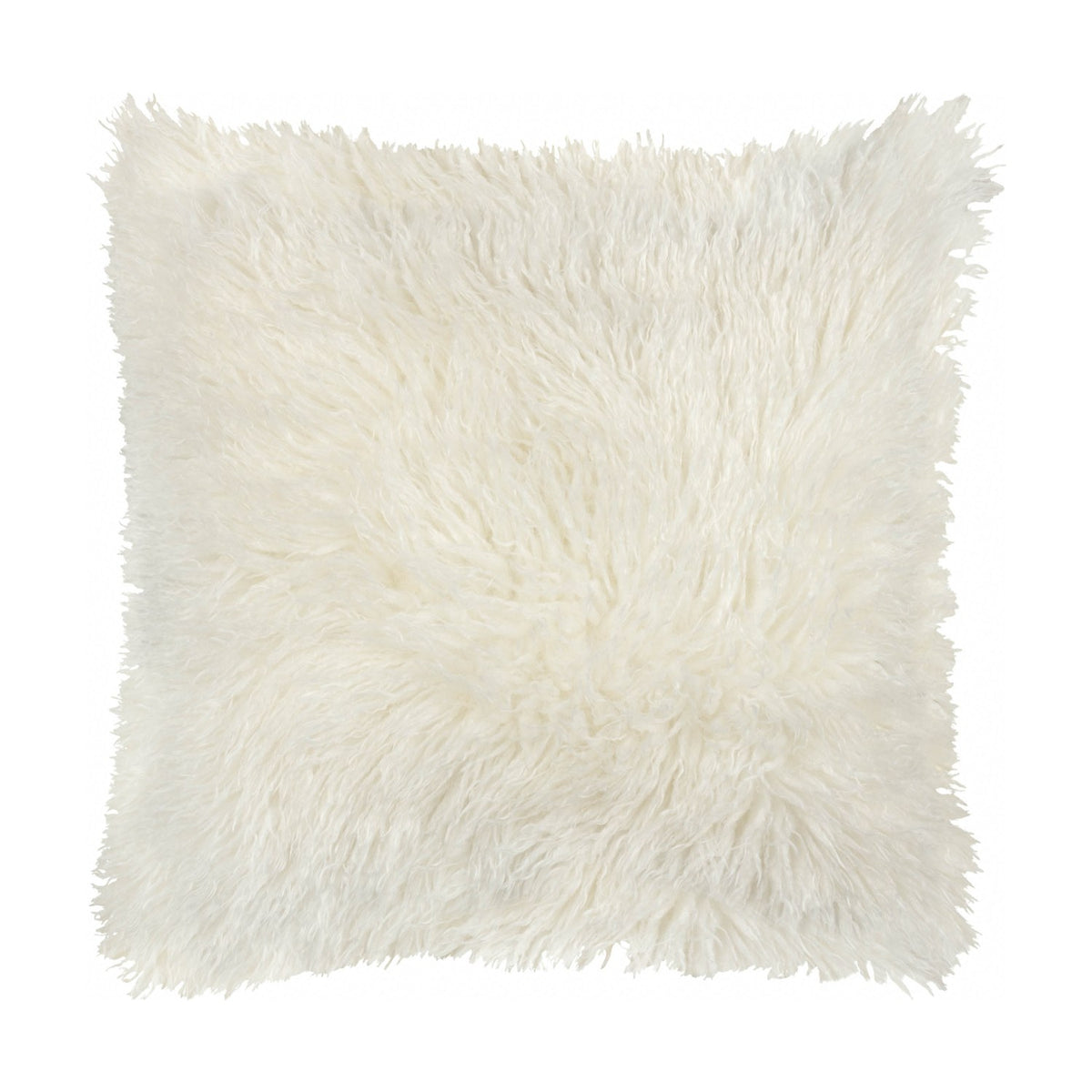 Rowan Faux Fur Plain Velvet Cushion in ecru, a square 50 x 50cm scatter cushion with a shaggy Mongolian-style fur front, shown against a plain white background.