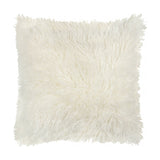 Rowan Faux Fur Plain Velvet Cushion in ecru, a square 50 x 50cm scatter cushion with a shaggy Mongolian-style fur front, shown against a plain white background.