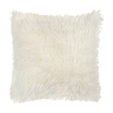 Rowan Faux Fur Plain Velvet Cushion in ecru, a square 50 x 50cm scatter cushion with a shaggy Mongolian-style fur front, shown against a plain white background.