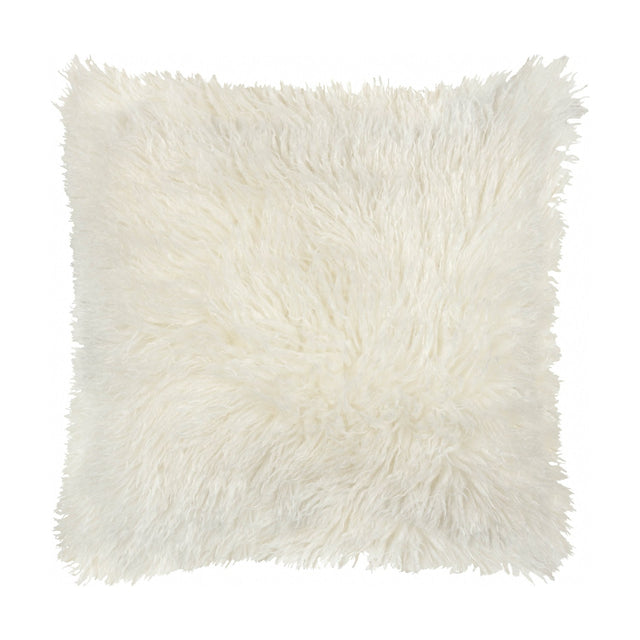 Rowan Faux Fur Plain Velvet Cushion in ecru, a square 50 x 50cm scatter cushion with a shaggy Mongolian-style fur front, shown against a plain white background.