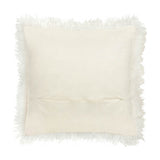 Rowan Faux Fur Plain Velvet Cushion in Ecru, showing the smooth velvet reverse with concealed zip, bordered by long shaggy faux fur trim, on a plain white background.