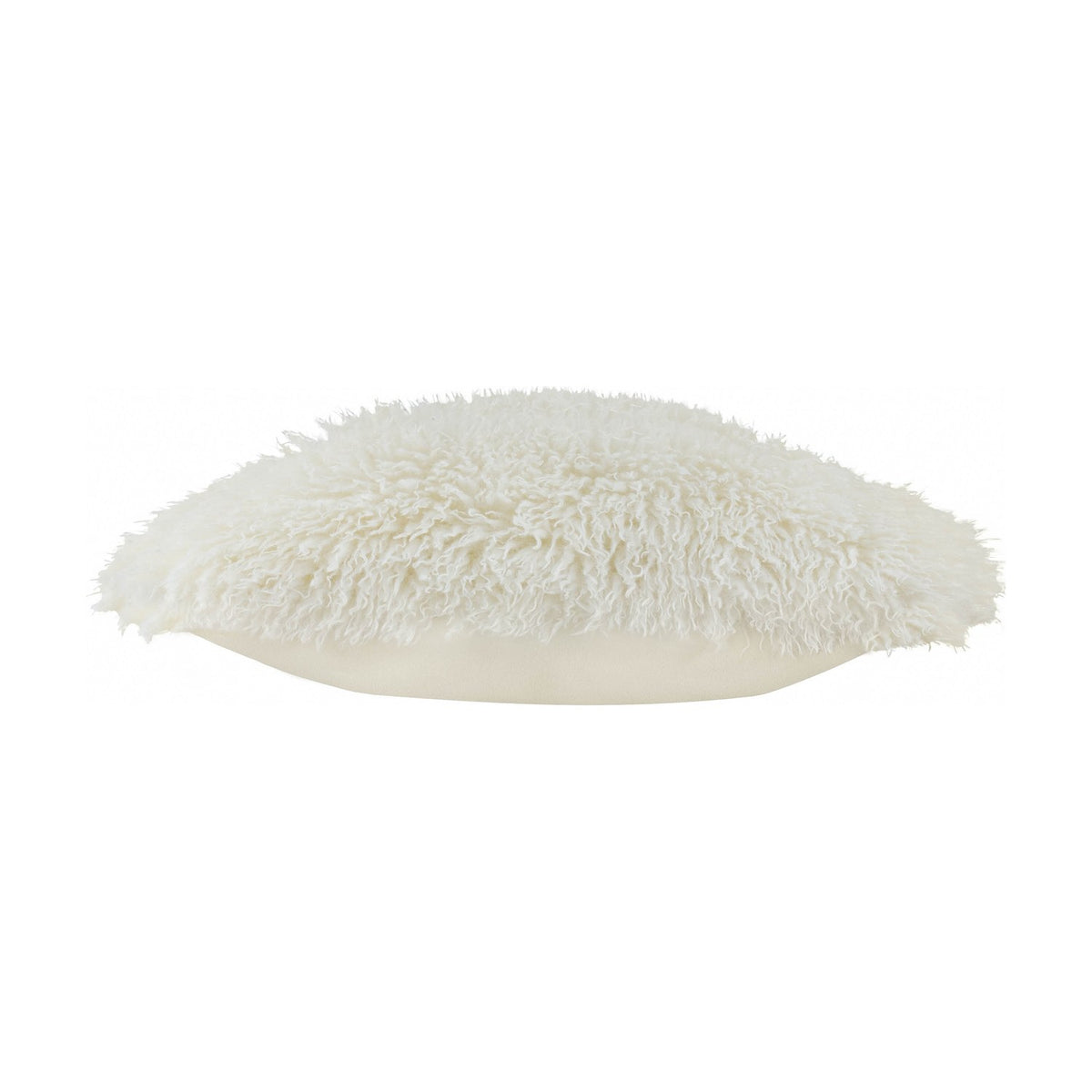 Side view of the Rowan Faux Fur Plain Velvet Cushion in ecru, showing the shaggy sheepskin-style pile on top and smooth velvet base, set against a plain white background.