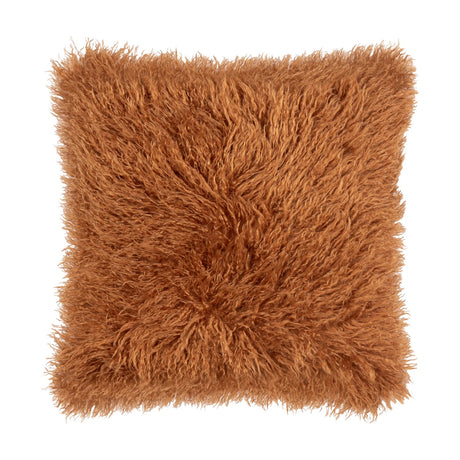 Rowan Faux Fur Plain Velvet Cushion in ginger, square shape with long-pile shaggy faux fur front, shown on a plain white background.