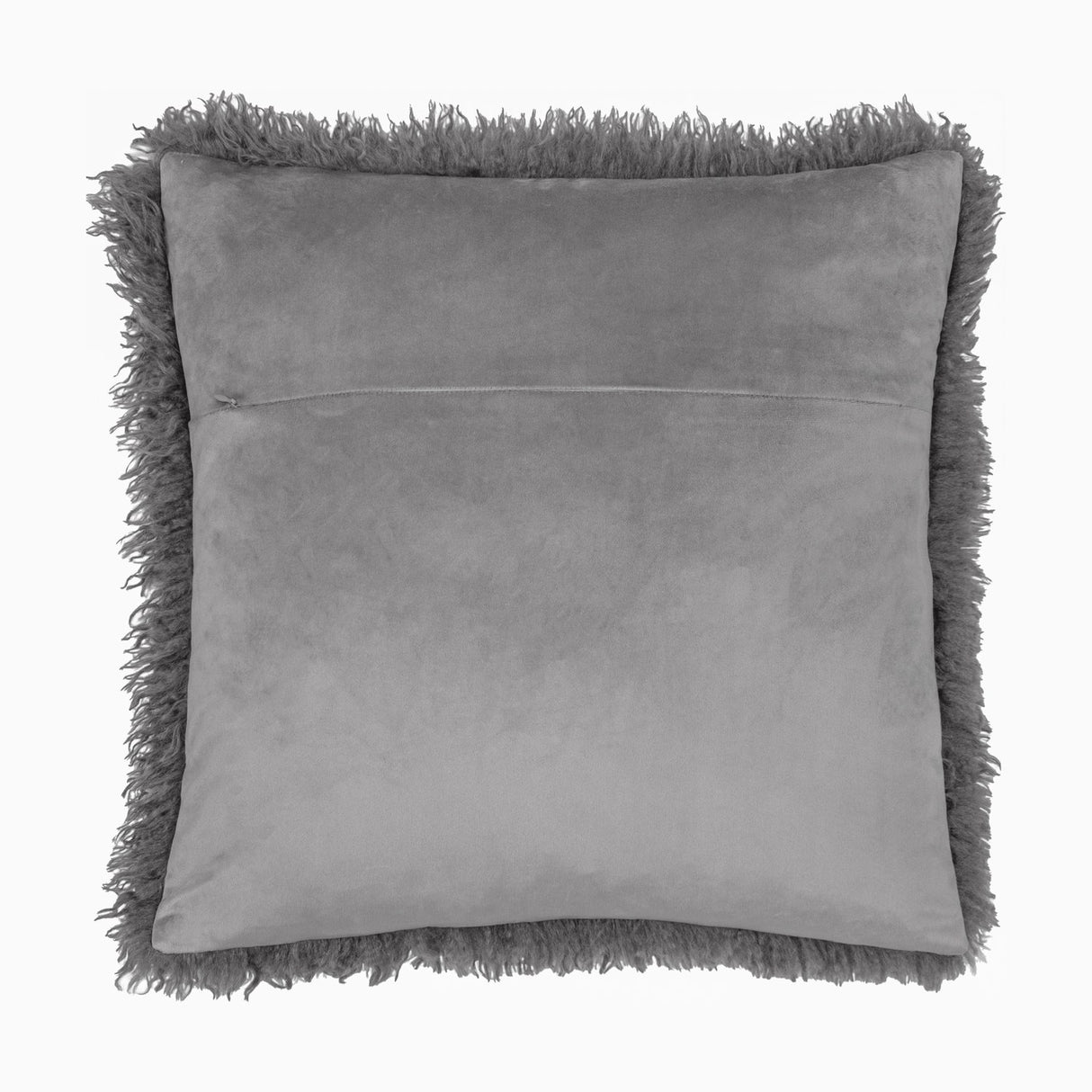 Rowan Faux Fur Plain Velvet Cushion in grey, square 50 x 50cm, shown reverse side with smooth velvet back and shaggy faux fur trim, on a plain white background.