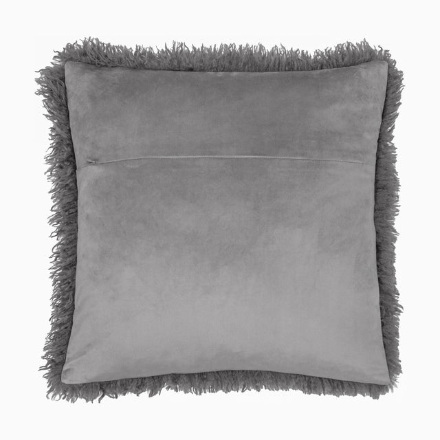 Rowan Faux Fur Plain Velvet Cushion in grey, square 50 x 50cm, shown reverse side with smooth velvet back and shaggy faux fur trim, on a plain white background.
