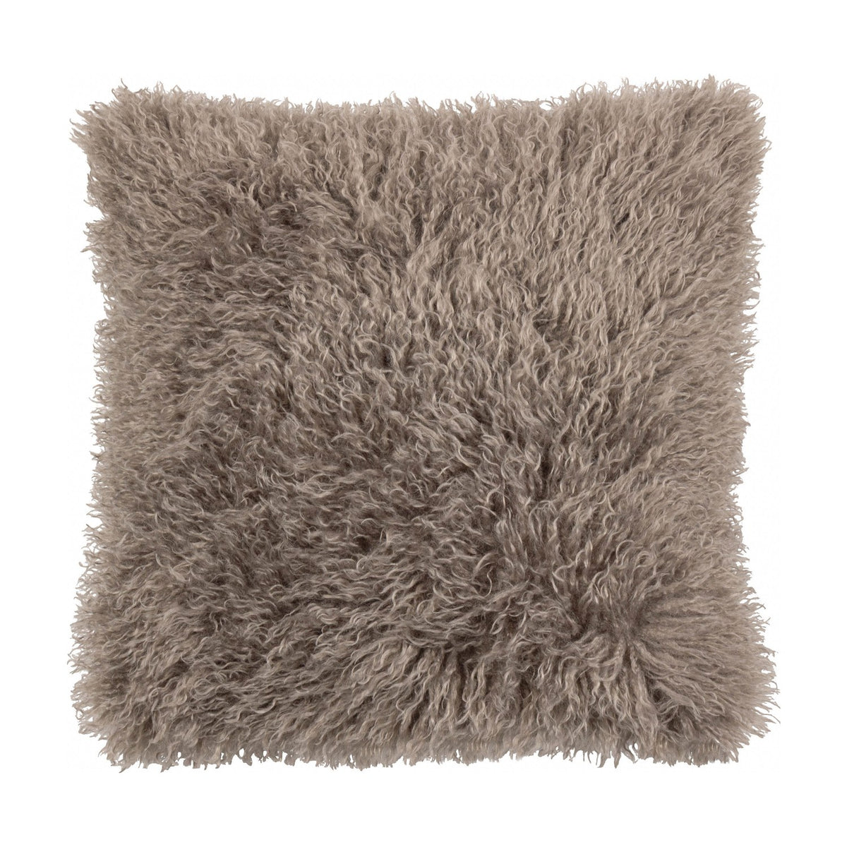 Rowan Faux Fur Cushion in mocha brown, square 50 x 50cm with long curly Mongolian-style pile, shown against a plain white background.