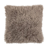 Rowan Faux Fur Cushion in mocha brown, square 50 x 50cm with long curly Mongolian-style pile, shown against a plain white background.