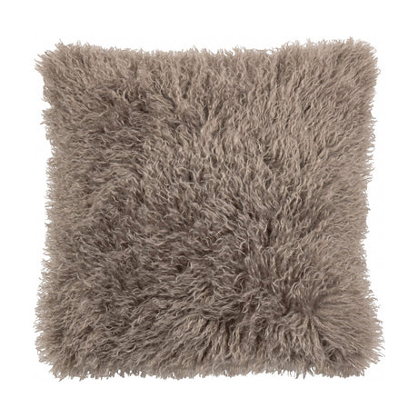 Rowan Faux Fur Cushion in mocha brown, square 50 x 50cm with long curly Mongolian-style pile, shown against a plain white background.