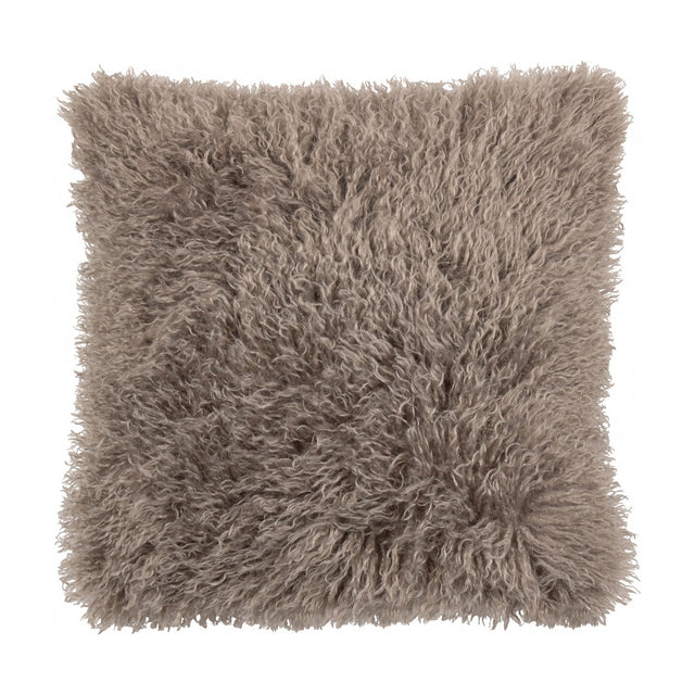 Rowan Faux Fur Cushion in mocha brown, square 50 x 50cm with long curly Mongolian-style pile, shown against a plain white background.