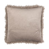 Rowan Faux Fur Plain Velvet Cushion in Mocha, shown reverse side with plain velvet back panel, zip closure, and shaggy mocha brown fur trim, on a white background.