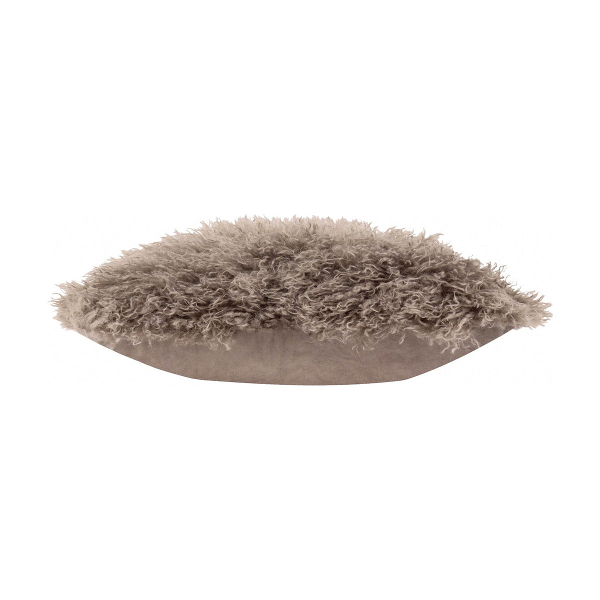 Rowan Faux Fur Plain Velvet Cushion in mocha brown, shown side-on with a shaggy curly pile front and plain velvet reverse, on a white background.