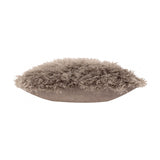 Rowan Faux Fur Plain Velvet Cushion in mocha brown, shown side-on with a shaggy curly pile front and plain velvet reverse, on a white background.
