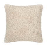 Rowan Faux Fur Polyester Velvet Cushion in Natural, 50 x 50cm square with long curly cream pile, shown on a plain white background.