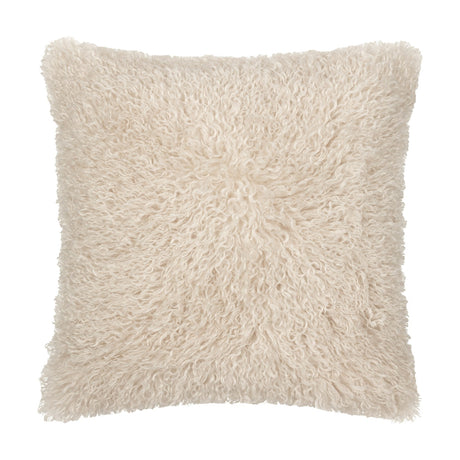 Rowan Faux Fur Polyester Velvet Cushion in Natural, 50 x 50cm square with long curly cream pile, shown on a plain white background.
