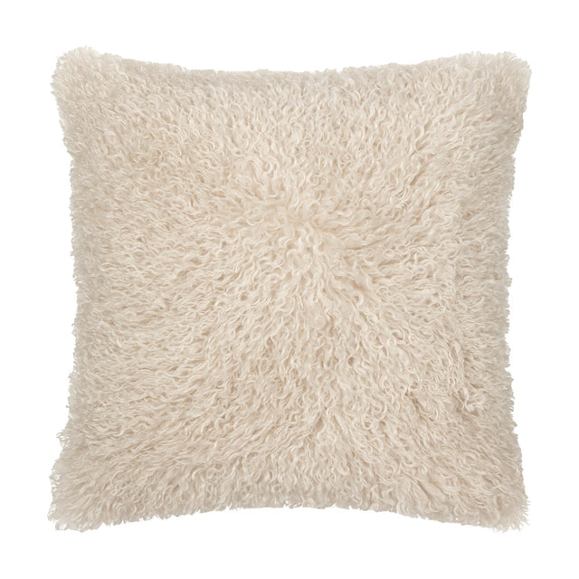 Rowan Faux Fur Polyester Velvet Cushion in Natural, 50 x 50cm square with long curly cream pile, shown on a plain white background.