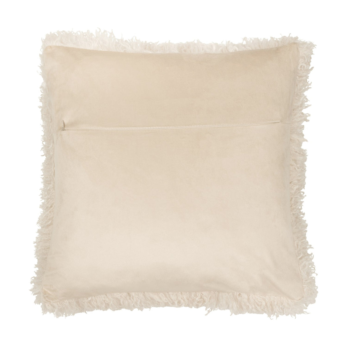 Rowan Faux Fur Polyester Velvet Cushion in Natural, back view showing plain cream velvet panel with zip closure and shaggy curly-pile fur trim, on a white background.