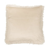 Rowan Faux Fur Polyester Velvet Cushion in Natural, back view showing plain cream velvet panel with zip closure and shaggy curly-pile fur trim, on a white background.