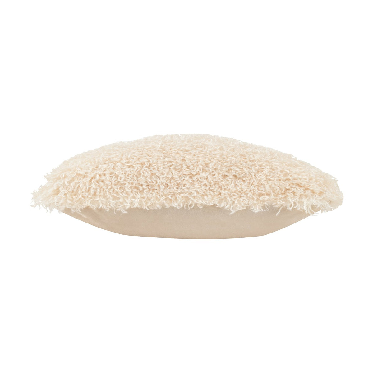 Rowan Faux Fur Polyester Velvet Cushion in natural cream, side view showing shaggy curly-pile front and plain fabric back, on a white background.