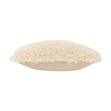 Rowan Faux Fur Polyester Velvet Cushion in natural cream, side view showing shaggy curly-pile front and plain fabric back, on a white background.