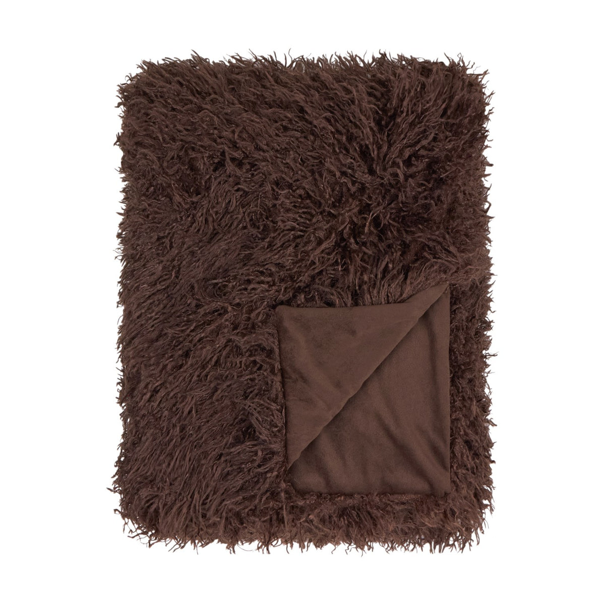 Rowan Velvet Faux Fur Throw in chocolate brown, shaggy Mongolian-style pile with a folded corner revealing the smooth velvet reverse, shown on a plain white background.