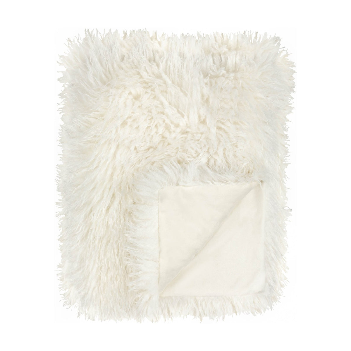 Rowan Faux Fur Plain Velvet Throw in ecru, folded to show shaggy Mongolian faux fur front and matching velvet reverse, on a plain white background.