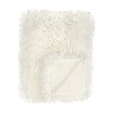 Rowan Faux Fur Plain Velvet Throw in ecru, folded to show shaggy Mongolian faux fur front and matching velvet reverse, on a plain white background.