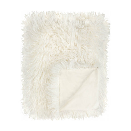 Rowan Faux Fur Plain Velvet Throw in ecru, folded to show shaggy Mongolian faux fur front and matching velvet reverse, on a plain white background.