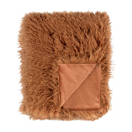 Rowan Faux Fur Plain Velvet Throw in ginger, showing shaggy long-pile fur on one side and matching smooth velvet folded back on the corner, on a plain white background.