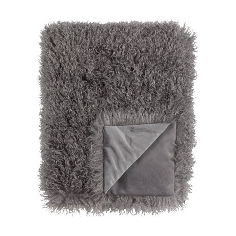 Rowan Faux Fur Plain Velvet Throw in grey, folded to show curly Mongolian-style fur front and smooth velvet reverse, on a plain white background.