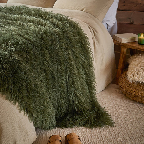 Rowan Faux Fur Plain Velvet Throw - Khaki