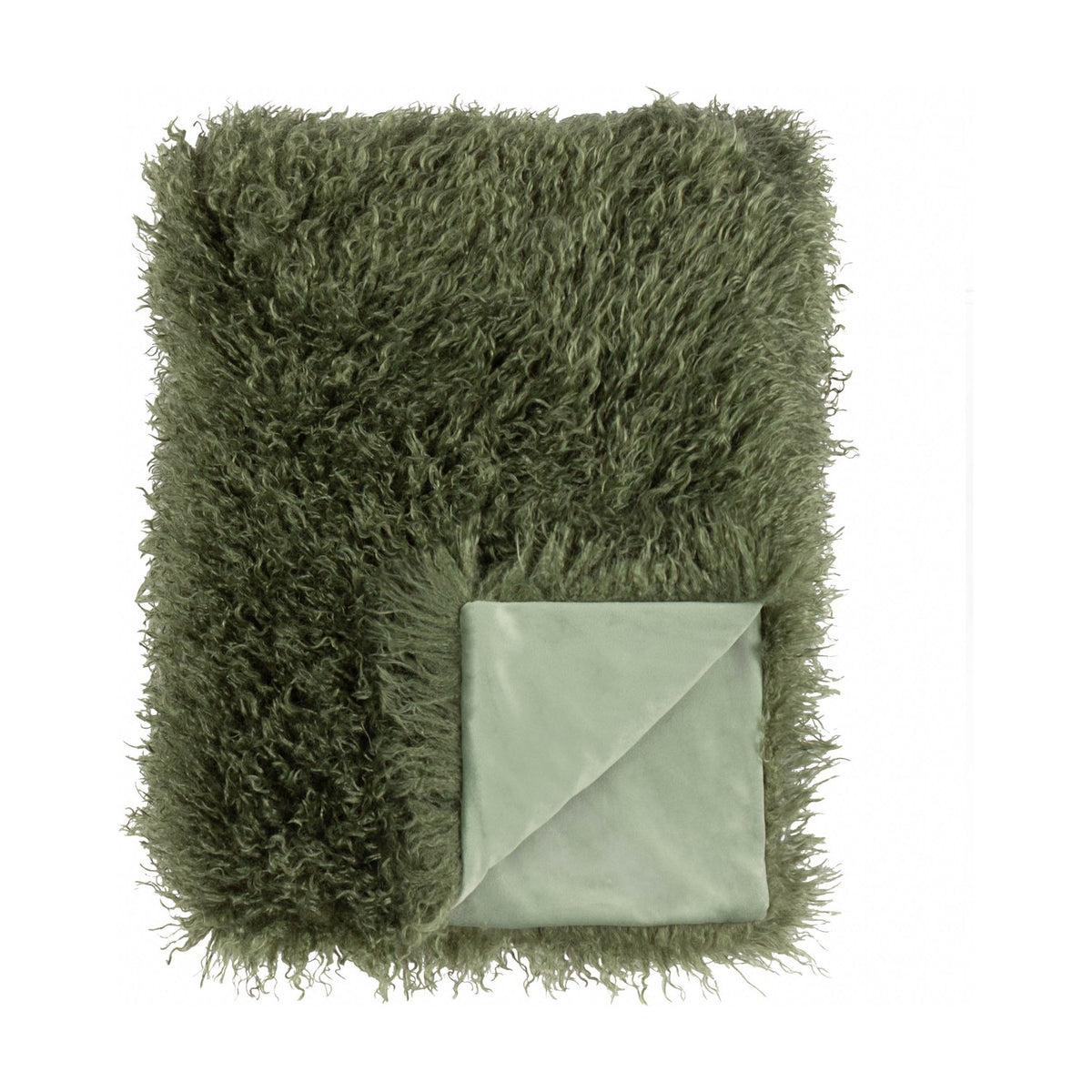 Rowan Faux Fur Plain Velvet Throw in khaki, shown with shaggy Mongolian-style fur front and smooth velvet reverse folded back, on a plain white background.