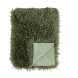 Rowan Faux Fur Plain Velvet Throw in khaki, shown with shaggy Mongolian-style fur front and smooth velvet reverse folded back, on a plain white background.