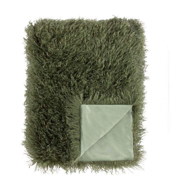 Rowan Faux Fur Plain Velvet Throw in khaki, shown with shaggy Mongolian-style fur front and smooth velvet reverse folded back, on a plain white background.