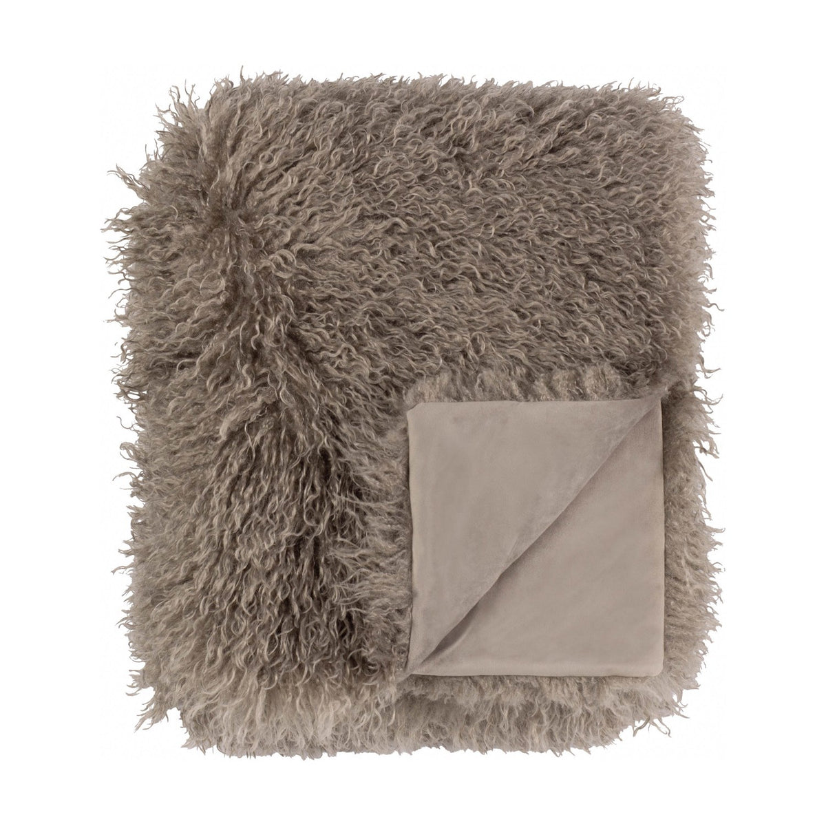 Rowan Faux Fur Plain Velvet Throw in mocha, folded to show shaggy curled fur on one side and smooth velvet reverse, on a plain white background.
