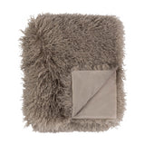 Rowan Faux Fur Plain Velvet Throw in mocha, folded to show shaggy curled fur on one side and smooth velvet reverse, on a plain white background.