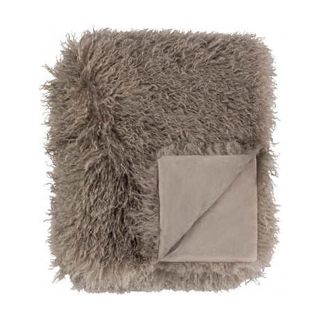 Rowan Faux Fur Plain Velvet Throw in mocha, folded to show shaggy curled fur on one side and smooth velvet reverse, on a plain white background.