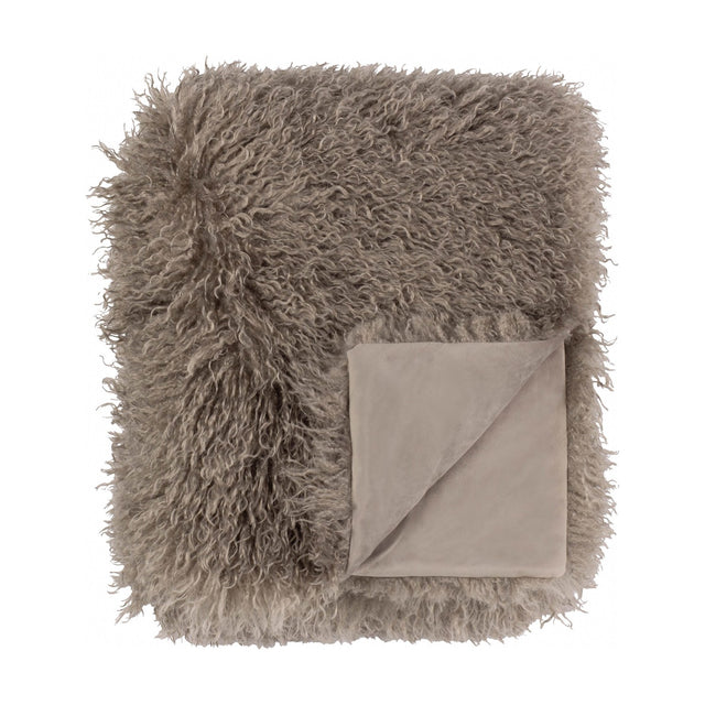 Rowan Faux Fur Plain Velvet Throw in mocha, folded to show shaggy curled fur on one side and smooth velvet reverse, on a plain white background.