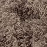 Close-up of the Rowan Faux Fur Throw in mocha, showing the long-pile, curled shaggy fur texture on the front face.