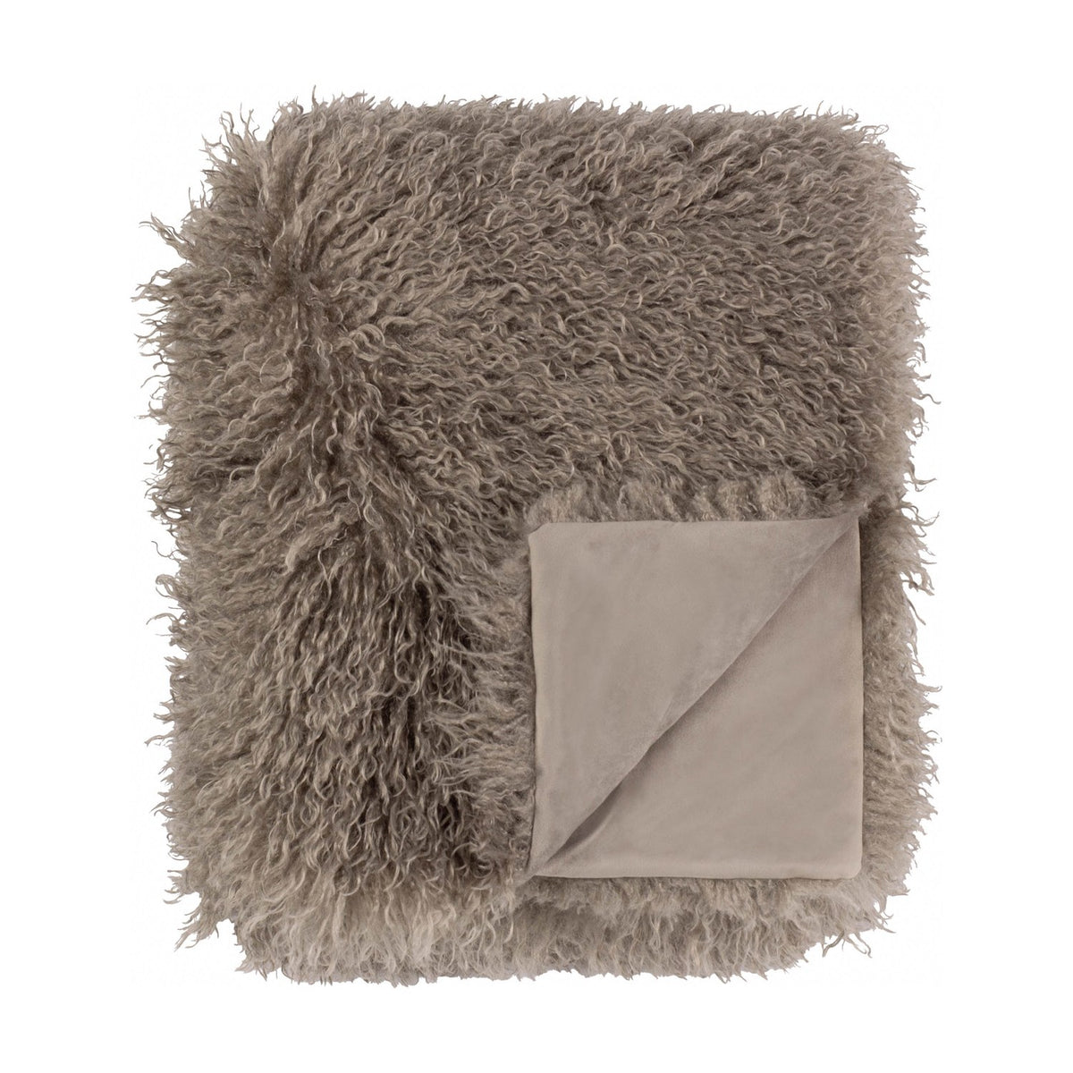 Rowan Faux Fur Plain Velvet Throw in mocha, folded to show long-pile shaggy fur front and smooth velvet reverse, both in matching brown tones on a white background.